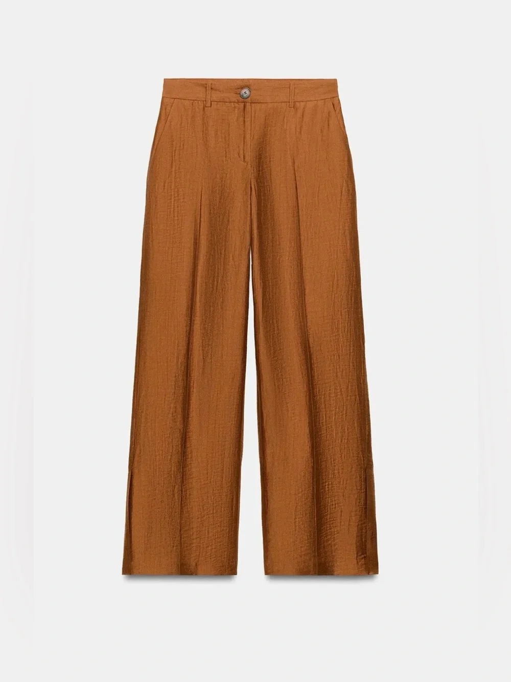 Zara Brown Linen Blend Pleated Wide Leg Trousers with Slits